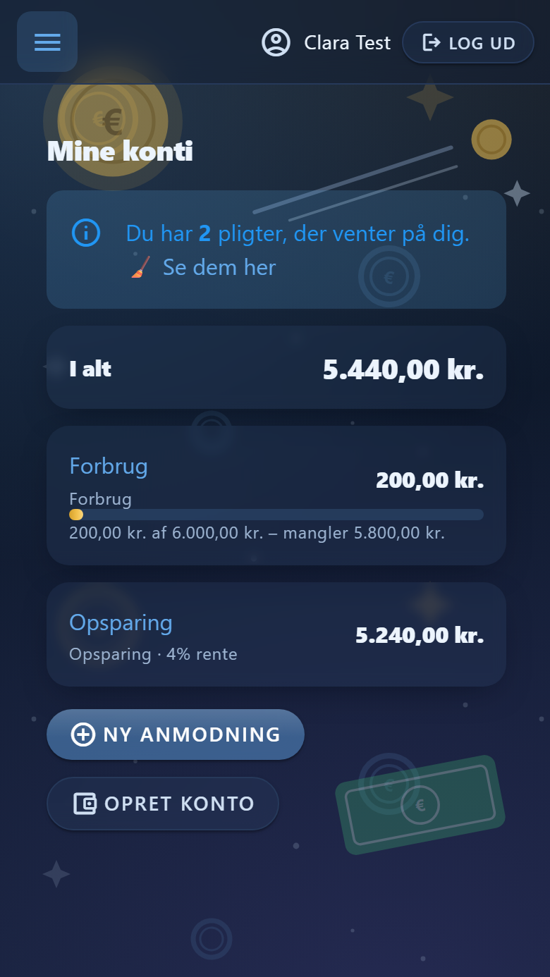 Barnets forside i Piggo med konti, saldo og opsparingsmål