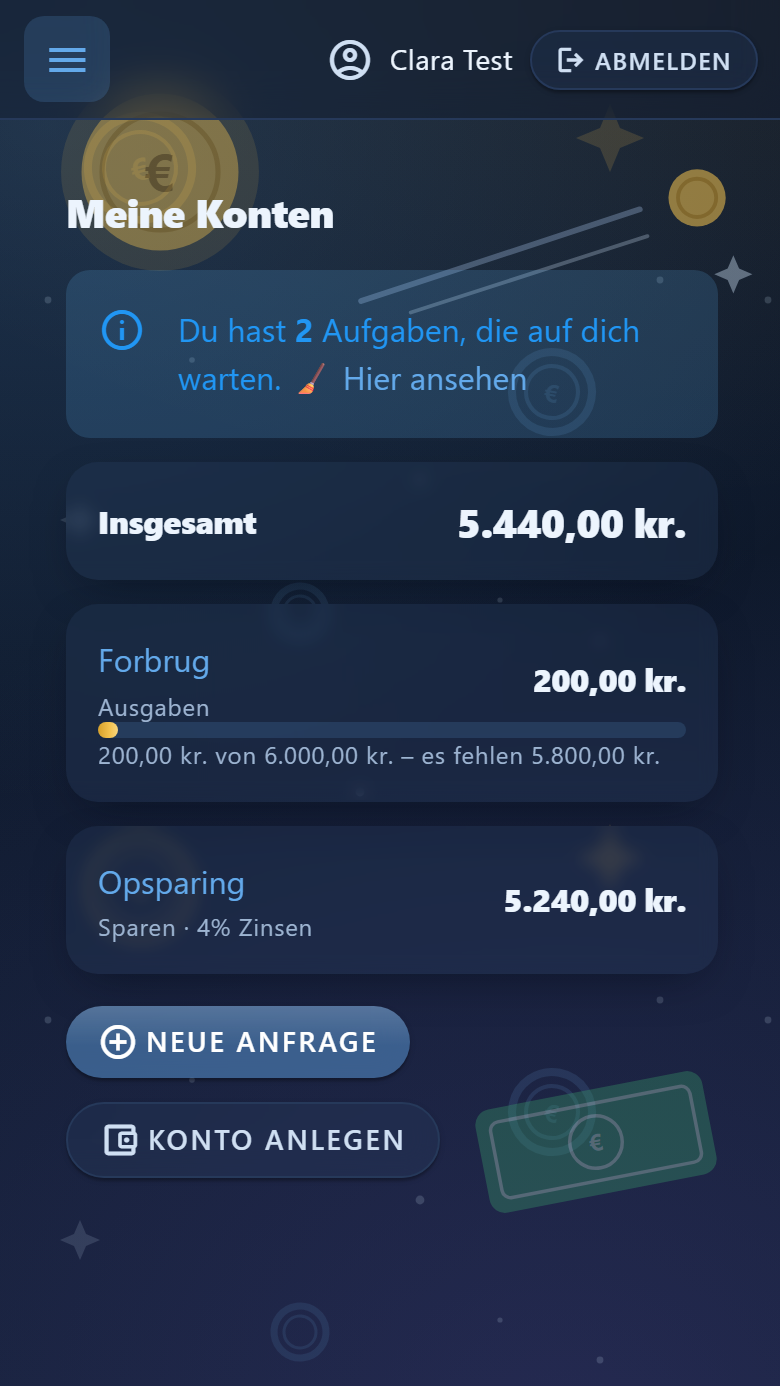 Startseite eines Kindes in Piggo mit Konten, Kontostand und Sparziel
