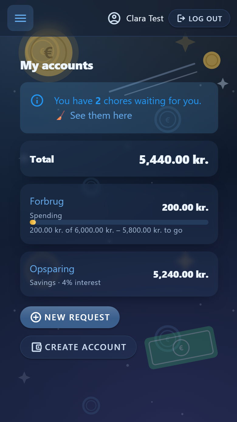 A child's home screen in Piggo with accounts, balance and savings goal